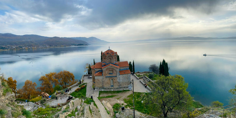 The Church of St. John at Kaneo, perched above Lake Ohrid, offers stunning views and spectacular sunsets.